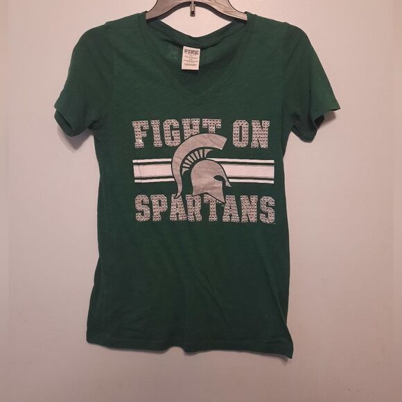 Pink Victoria's Secret MSU Spartans Fight On Bling Tee - Picture 1 of 3